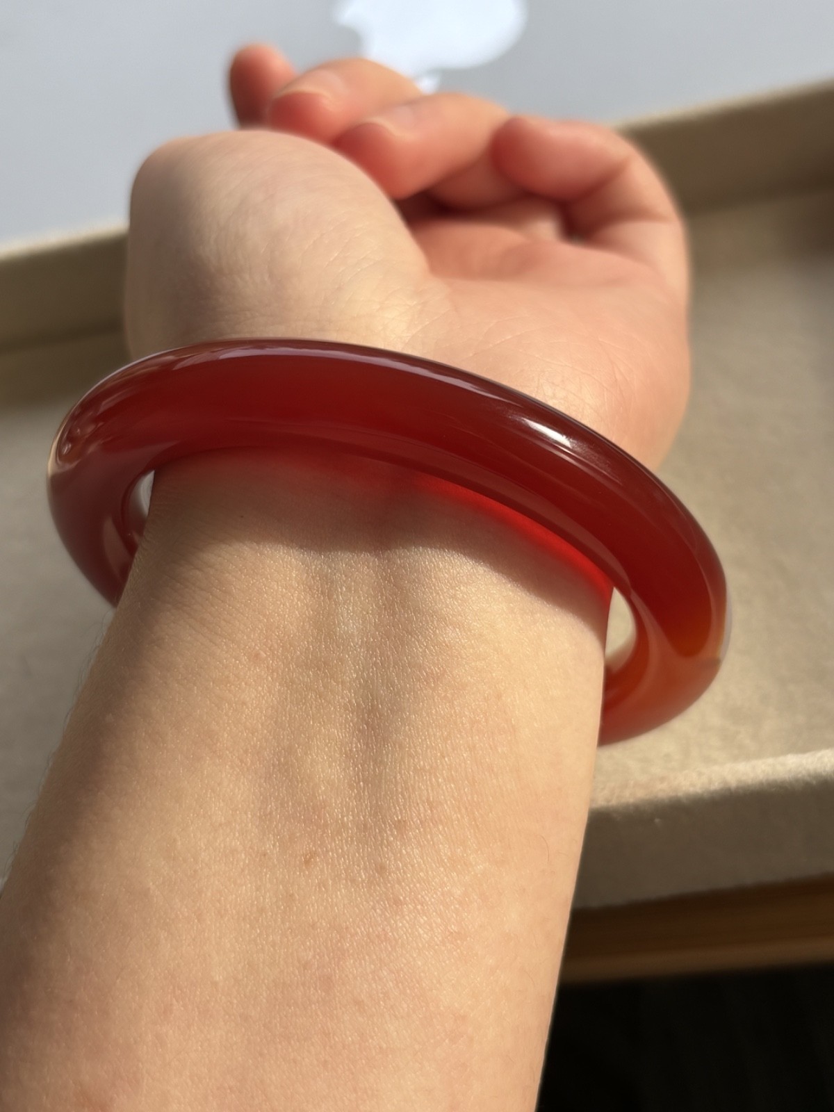 57mm Chunky Carnelian Red Agate Bangle 10.5mm Full Round with White Cloud Accent