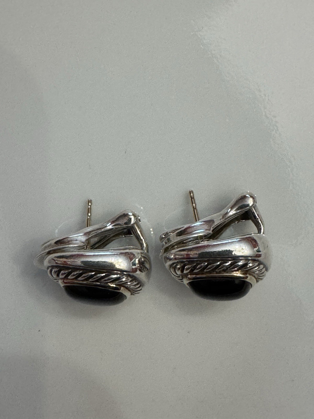 Silver-Tone Black Onyx Cushion Bezel Stud Earrings, Butterfly Closure