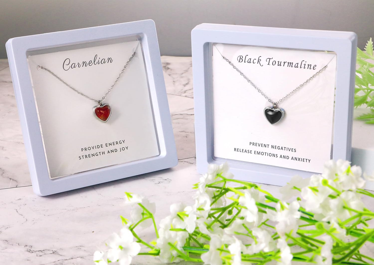 Heart Necklace for Women,Black Tourmaline Protection Red Carnelian Rose Quartz N