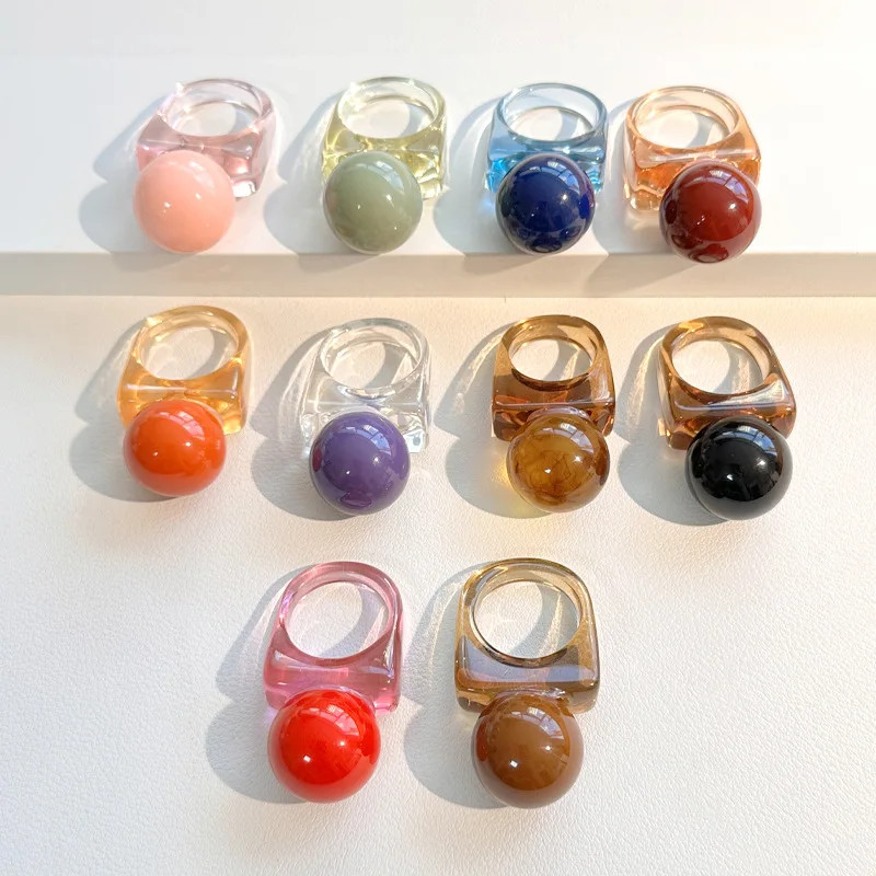 Resin Ball Shape Ring Chunky Geometric Adjustable Wedding Band Women Jewelry