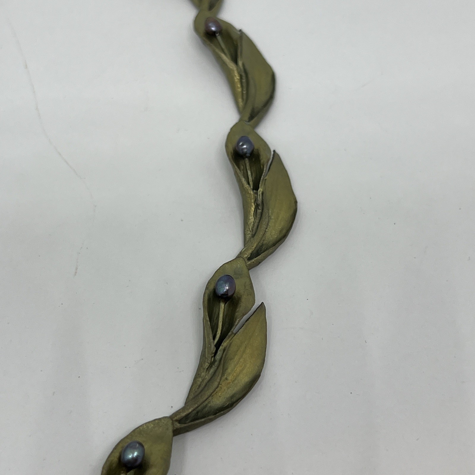 Unsigned Michael Michaud Hosta Leaf Peacock Pearl Choker Collar Necklace Bronze