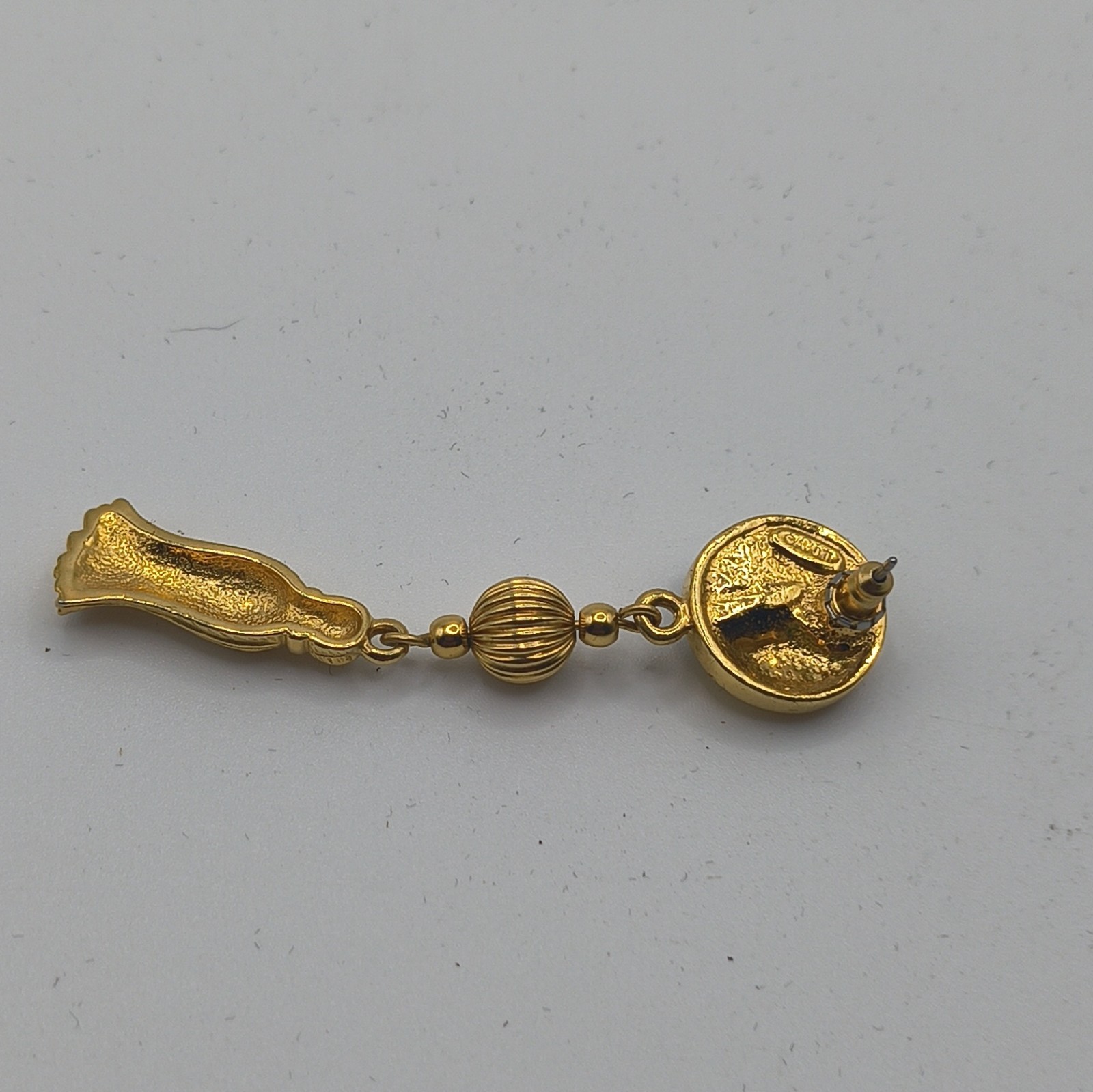 AVON Signed Gold Tone Dangle Drop Post Earrings Ribbed Bead Tassel Charm