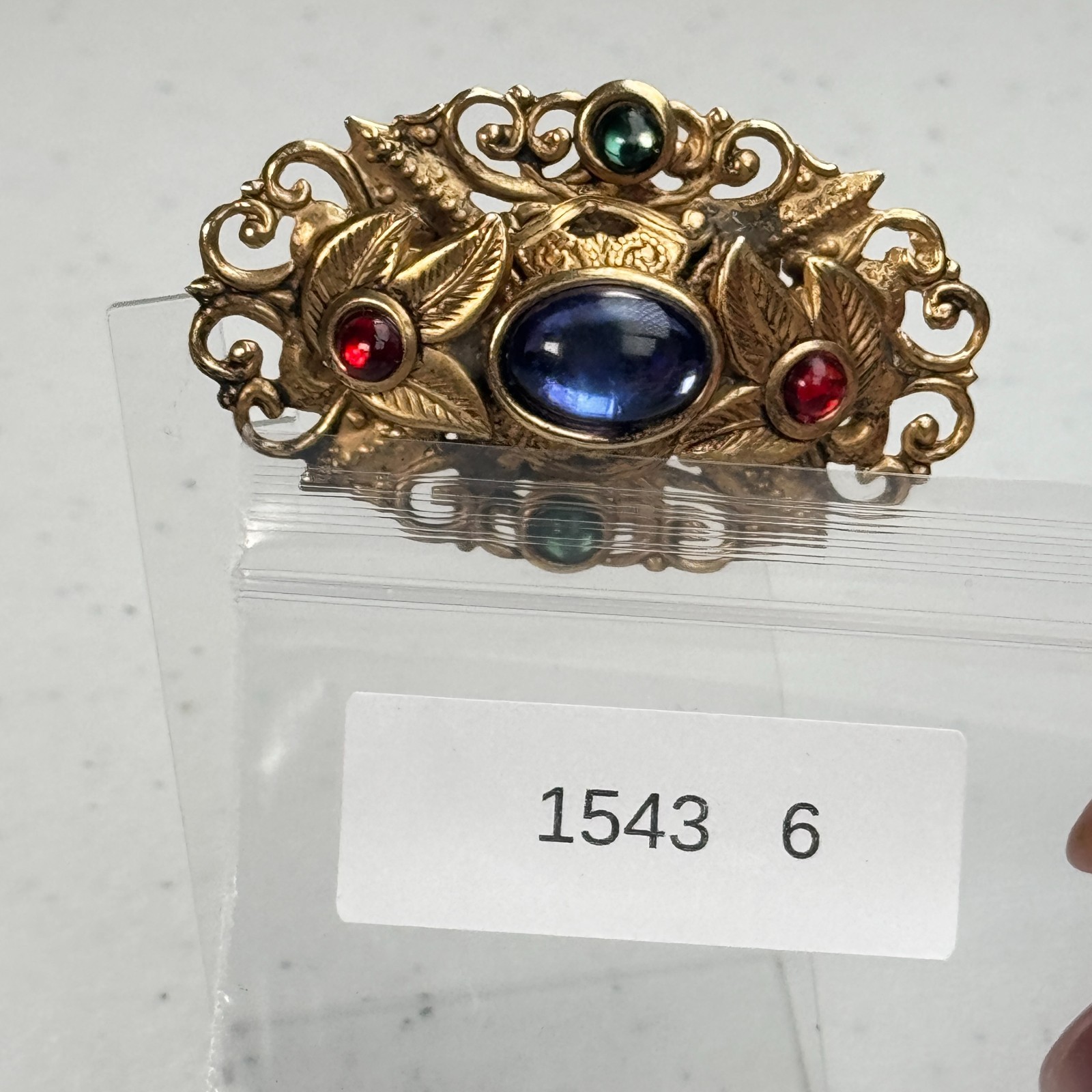Vintage Brooch Blue Red Green jewel tone Gold Tone Ornate Floral Filigree mcm