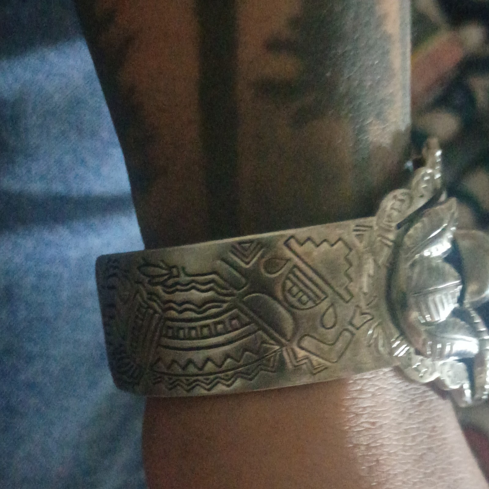 Crawford Silver Tone Etched Metal Cuff Bracelet Signed Marked “SANFORD”