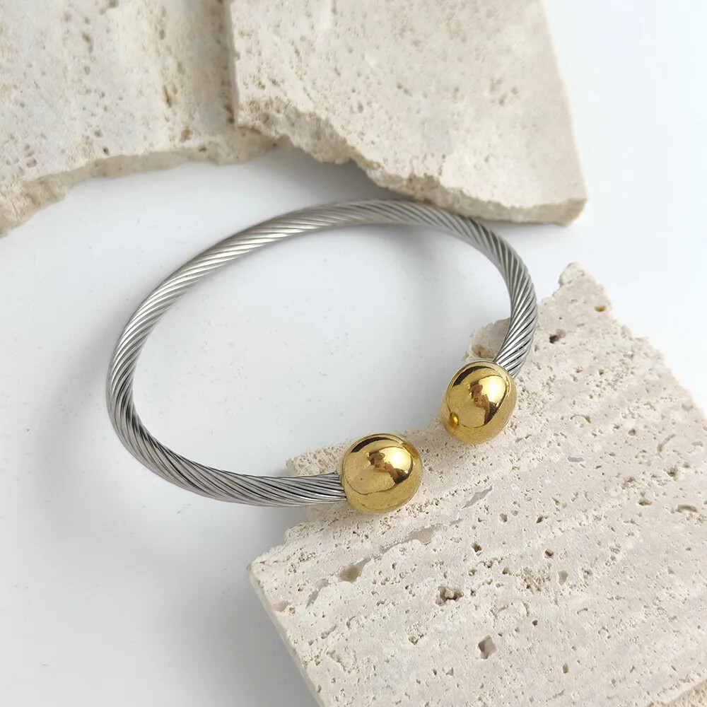 Double ball gold-plated stainless steel bracelet, twisted steel wire C-shaped