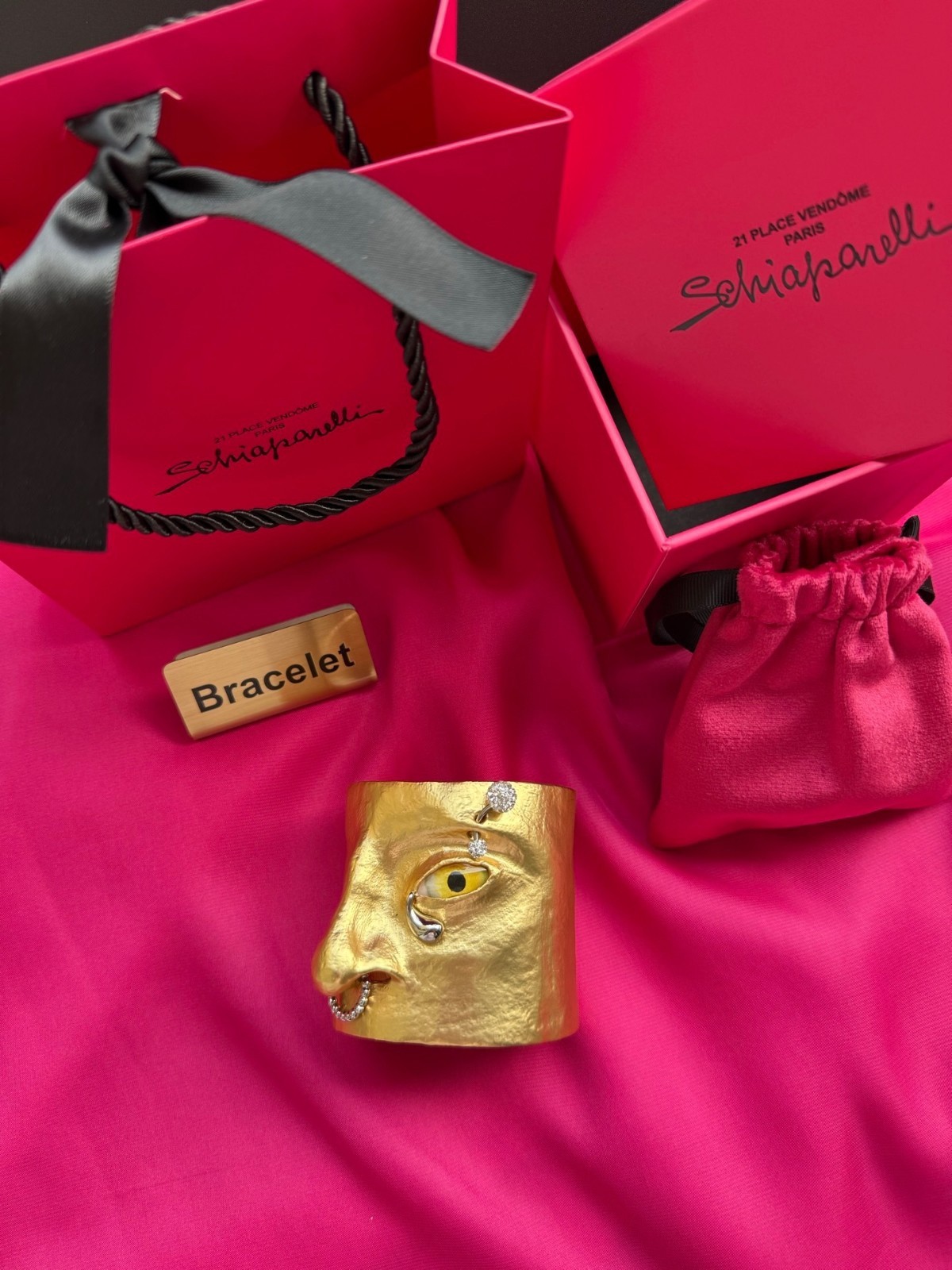 Schiaparelli Gold Surrealist Face Cuff Bracelet. With Box and Dust Bag