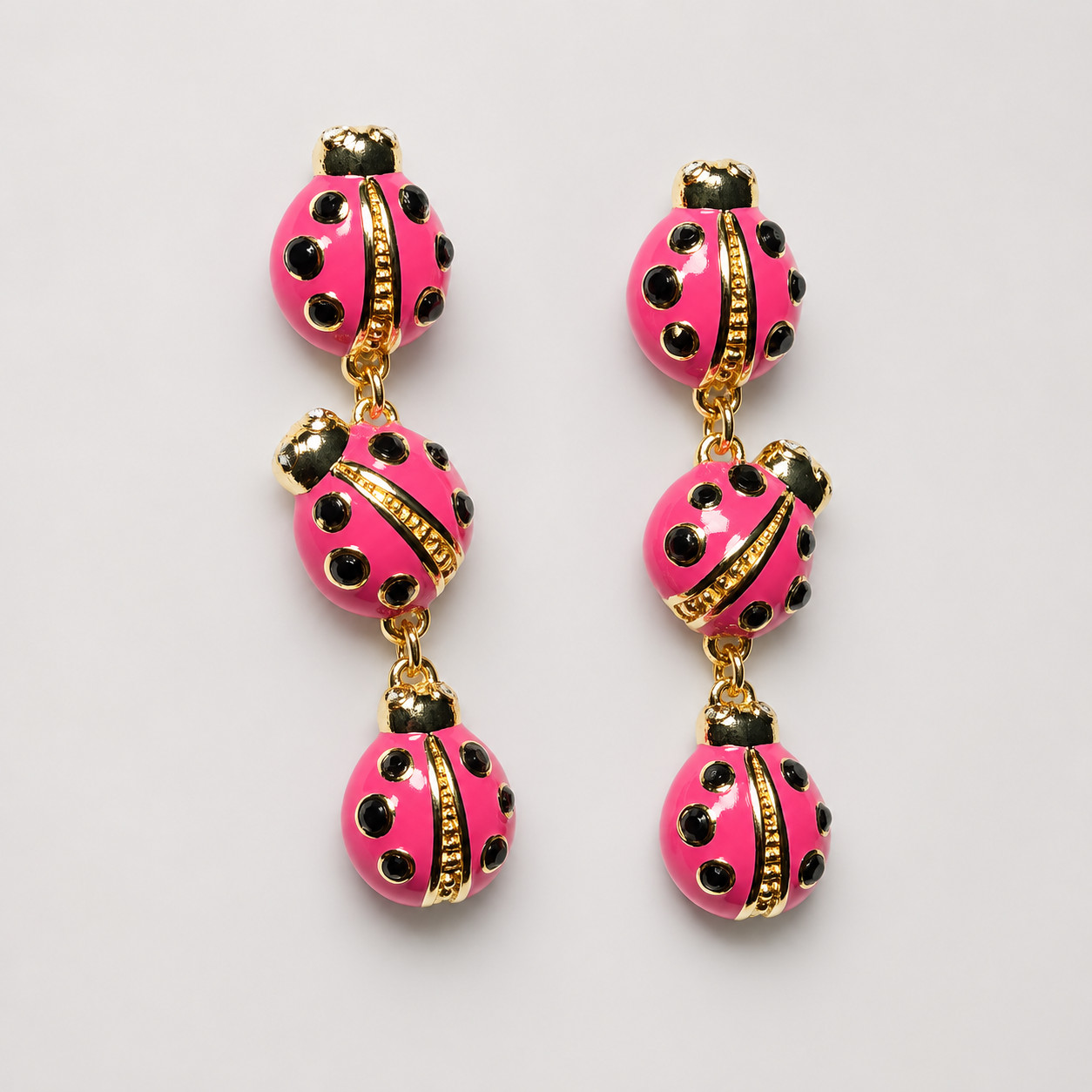 Kate Spade Gold Triple Pink Ladybug Enamel Tiered Drop Dangle Charm Earrings NEW