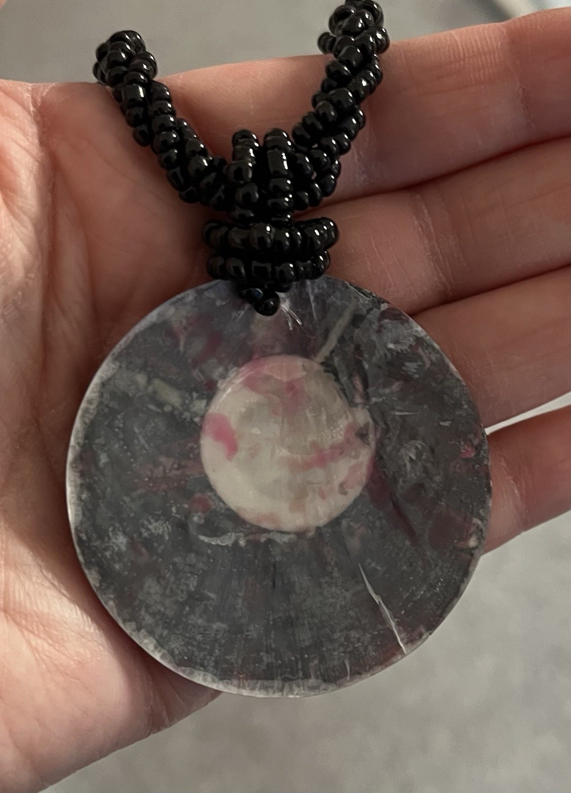 Mosaic Style Shell Pendant On Black Microbead Necklace, Very Good Condition