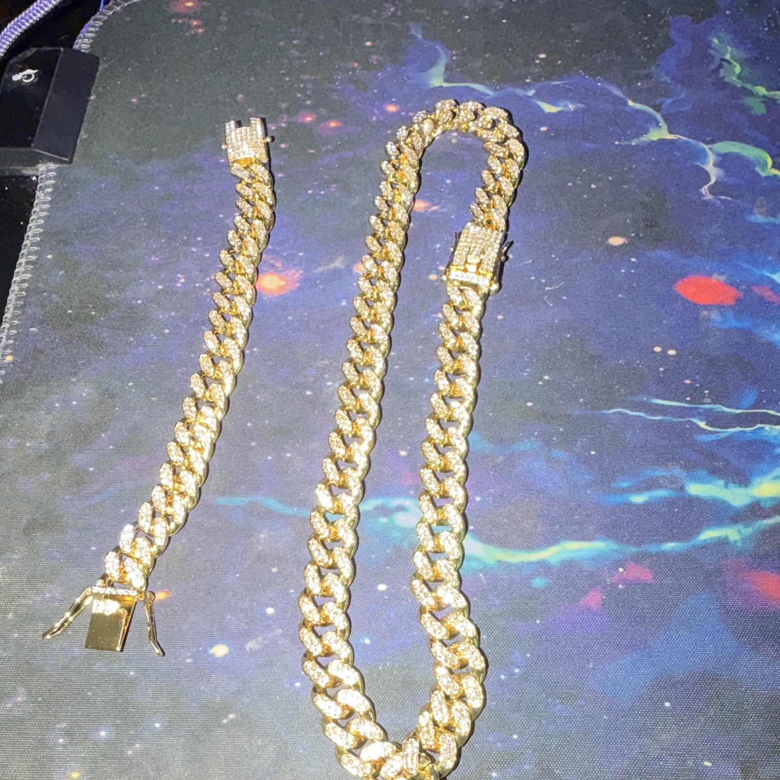 Gold Tone Iced Out Cuban Link Chain Necklace And Matching Bracelet
