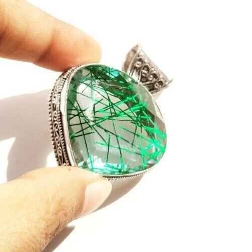 Green Rutialted Quartz Gemstone 925 Sterling Silver Handmade Jewelry Pendant