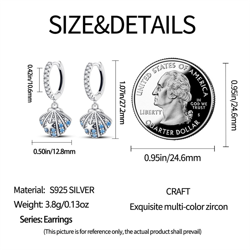 PANDACH 925 Sterling Silver CZ Accents Ocean Shell Drop Hoop Earrings For Women