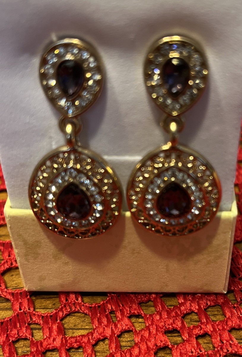 Gold Tone Filagree Matching Necklace And Earrings Purple And Clear Stones