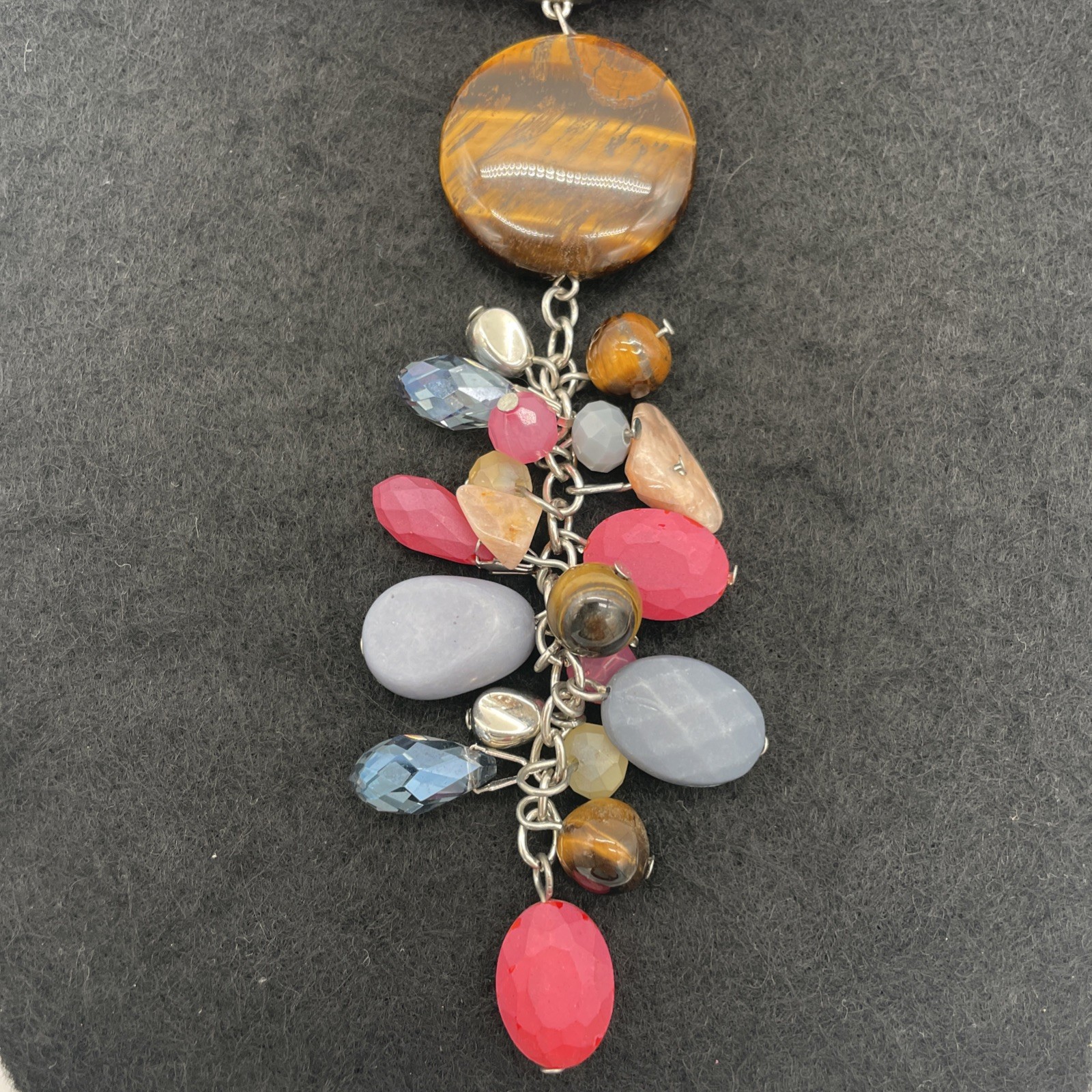 C1946 Multicolor Beaded Necklace Pendant With Silver Tone Spacers & Brown Cord