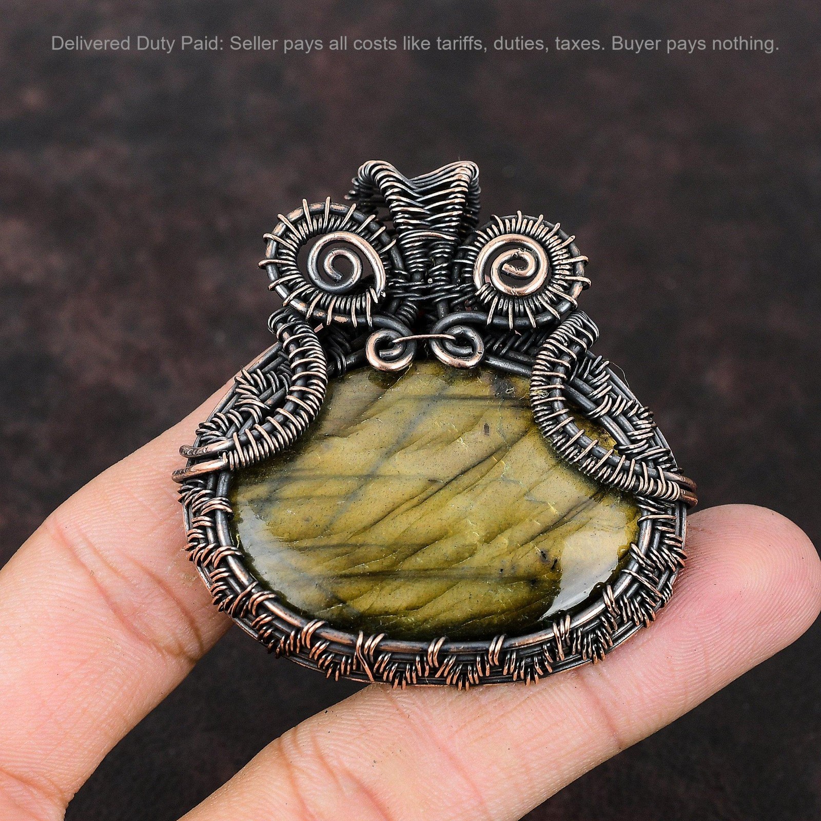 Copper Natural Labradorite Unique Wire Wrapped Handcrafted Wife Pendant Jewelry