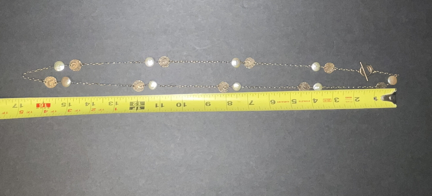 Tat 2 925 Sterling Silver Chain Coin Pearl Necklace Togo 26.3 gr