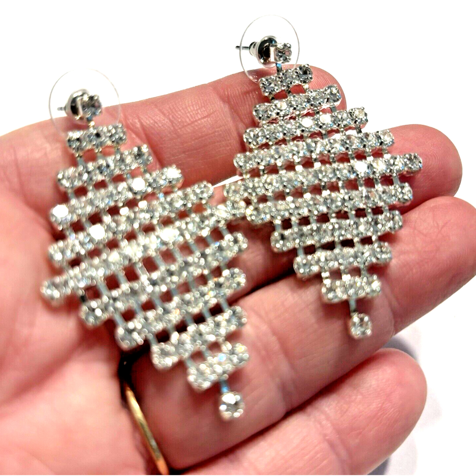 Silver Pierced Earrings Clear White Rhinestones Mesh Drop & Dangle Disco Fashion
