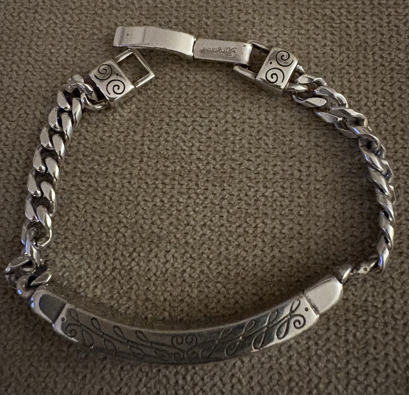 Brighton Love ID Bracelet Silver Tone Curb Chain Scroll Bar 7”