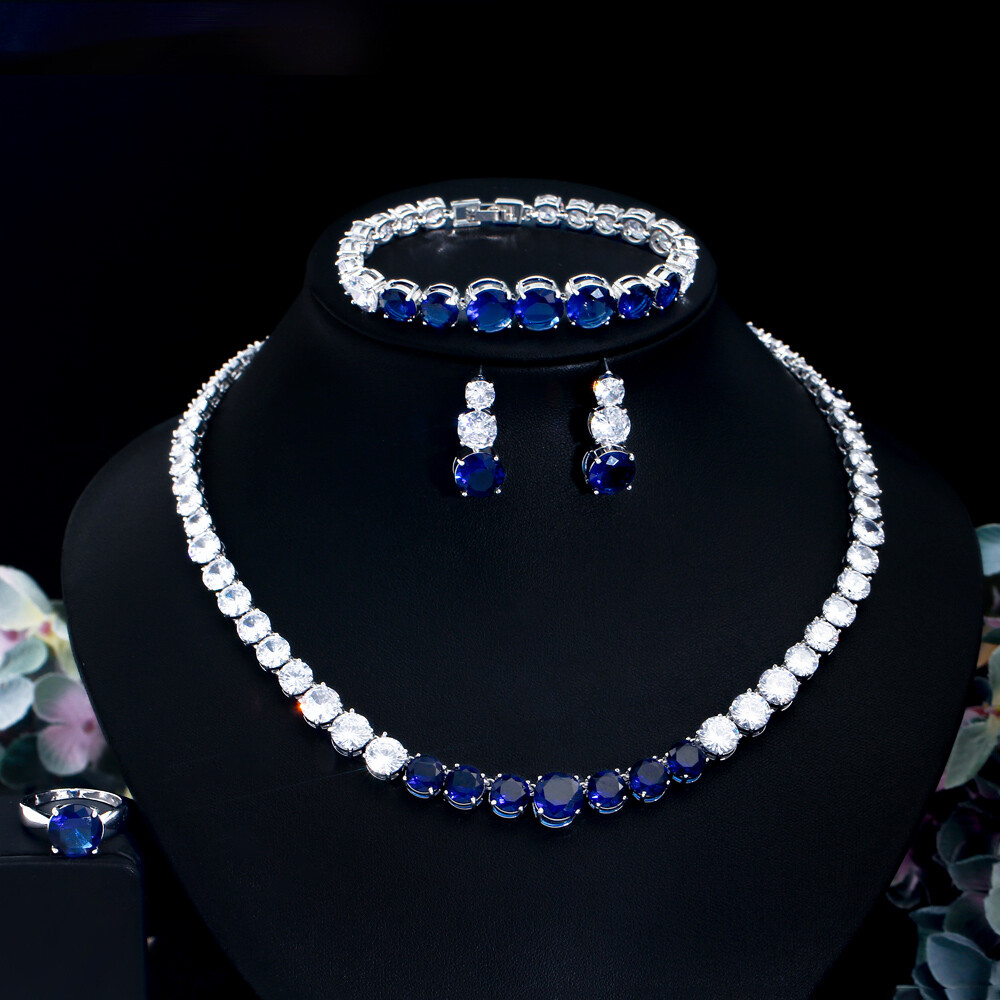 Silver Plated CZ Yellow Big Round Wedding Jewelry Necklace Earrings Bracelet Set