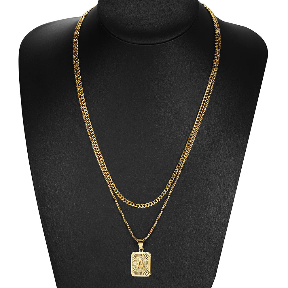 Mens Gold Plated Stainless Steel Cuban Chain Initial Letter Pendant Necklace Set