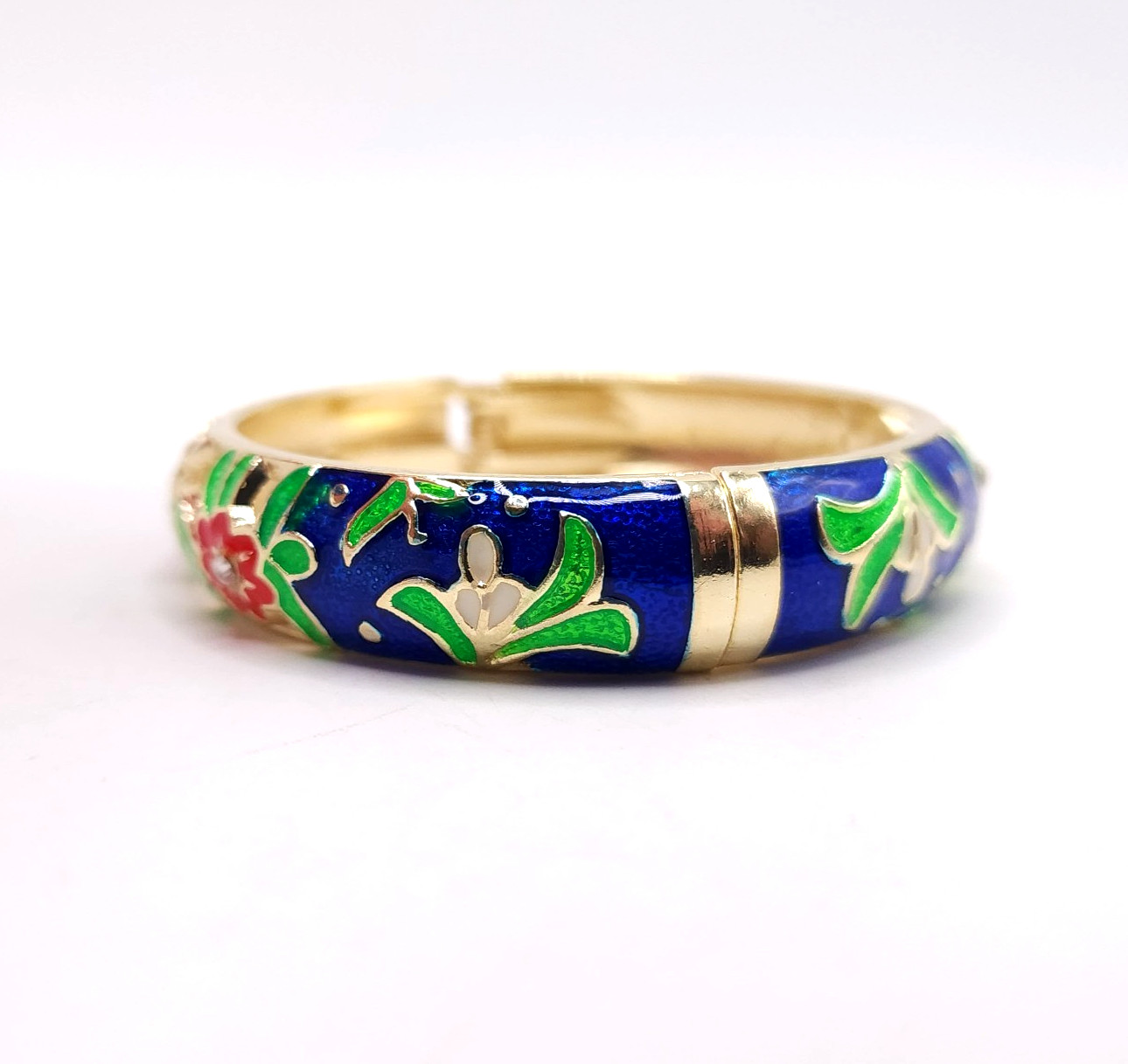 18K Gold Plated Floral Enamel Bangle Blue Red Green White Rhinestone Bracelet