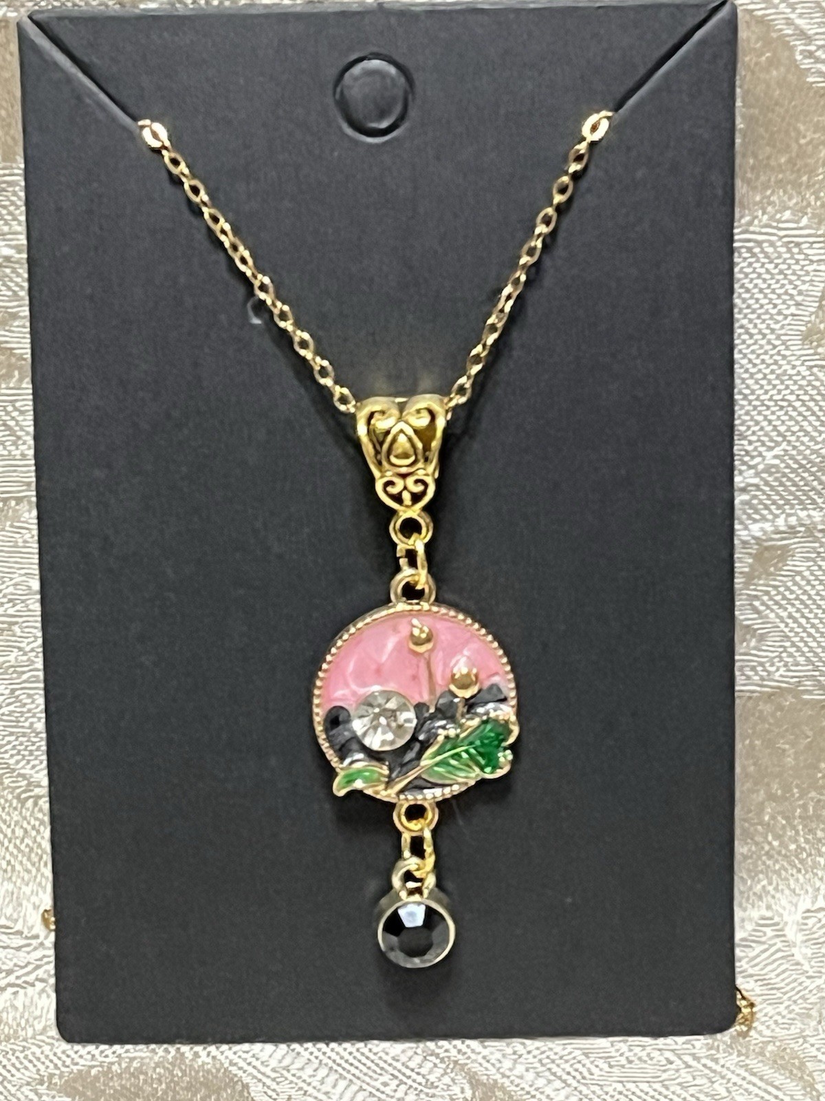 Retro Floral Gem Enamel Pendant Gold 18” Necklace Bohemian Floral Novelty
