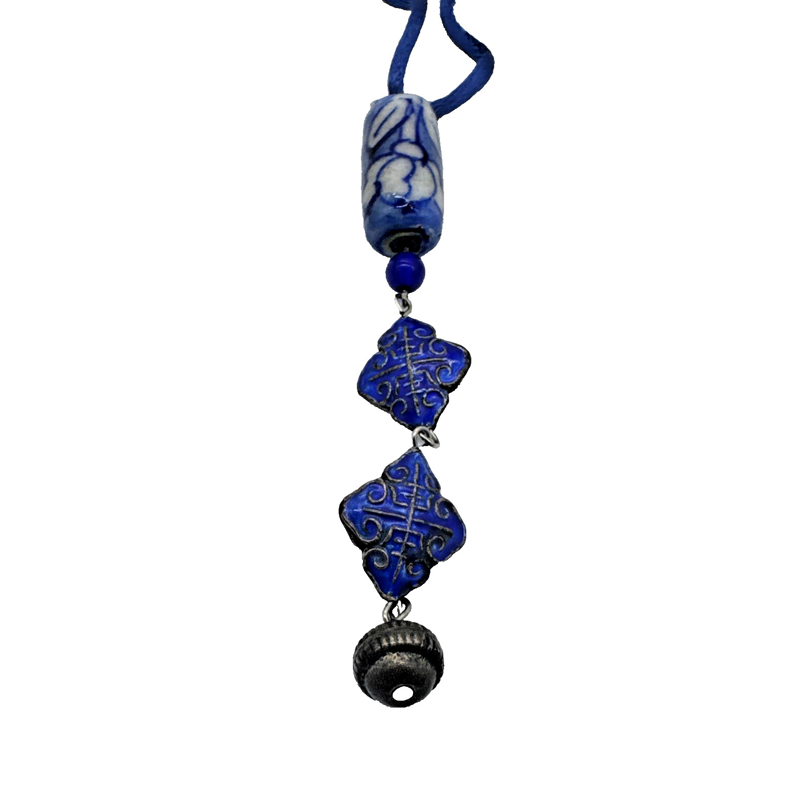 Handmade Blue Ceramic Cloisonne Pendant Necklace Adjustable Cord Artisan Jewelry