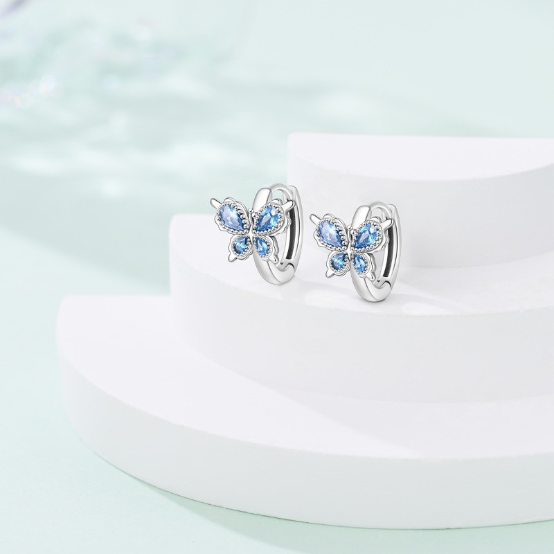 KUNSIR 925 SterlingSilver Blue Crystal Butterfly Hoop Earrings For Women Jewelry