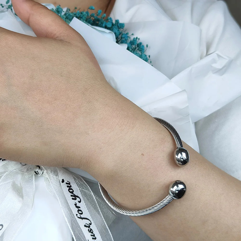 Unisex Stainless Steel Braided Open Cuff Bracelet Gold Silver Ball