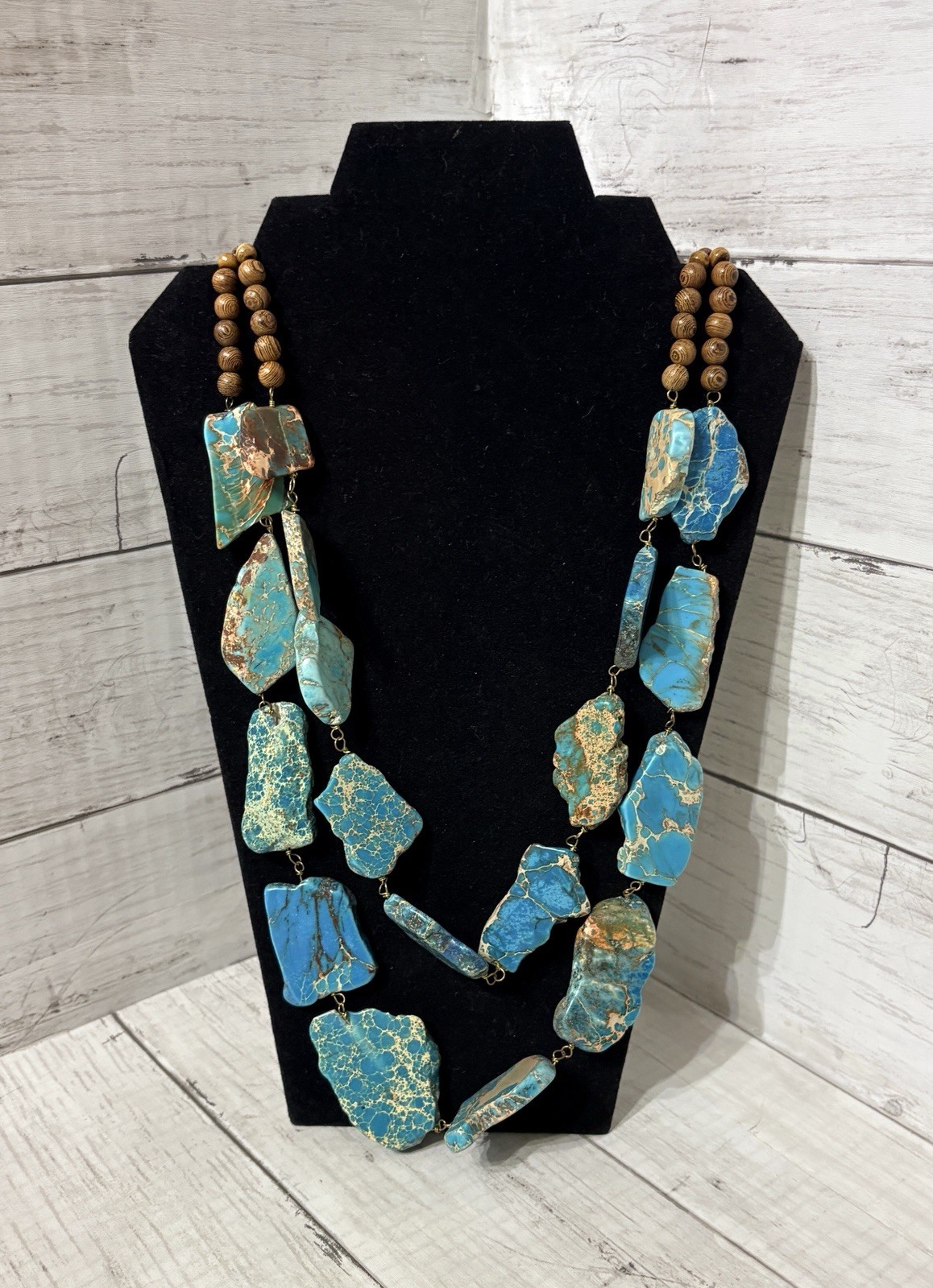 Chunky Sky Blue Jasper Slabs Double Strand Statement Artisan Necklace BNWT