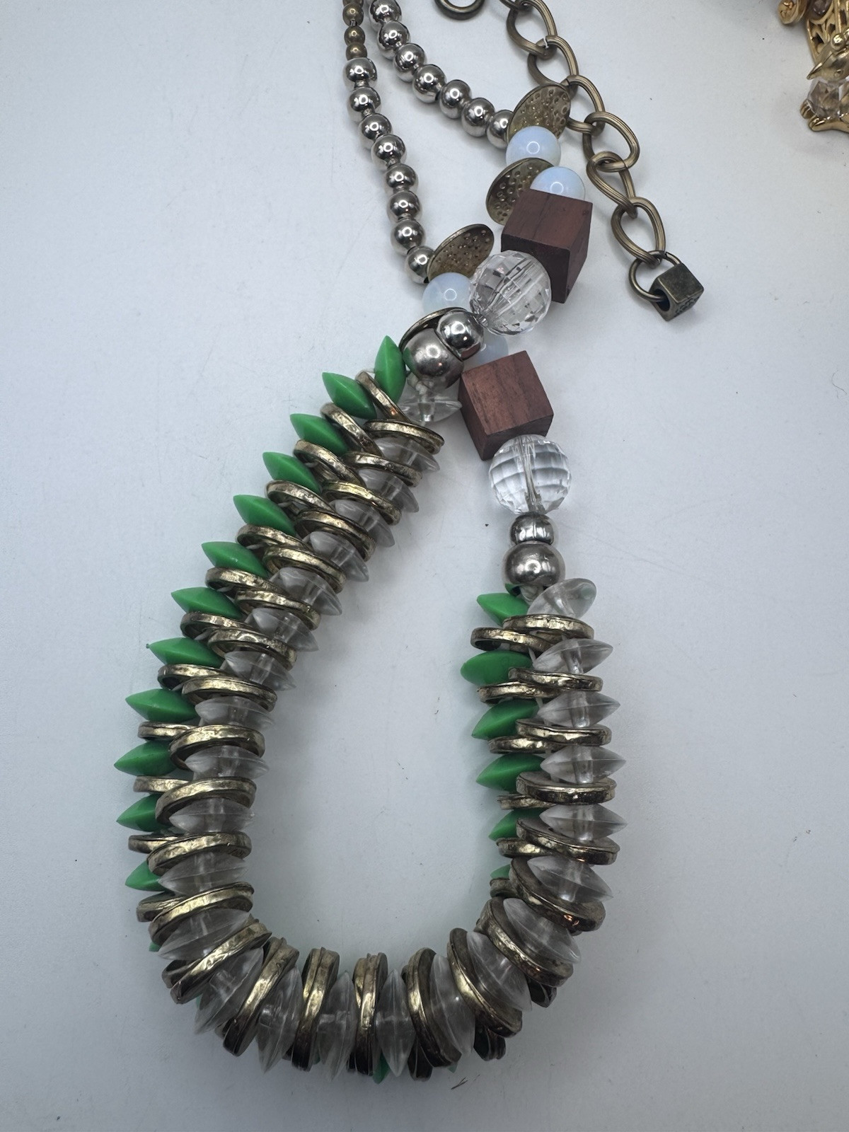Pam Hiran Coil & Beads Necklace Green-Clear Glass & Gold Beads Whit Silver Chain