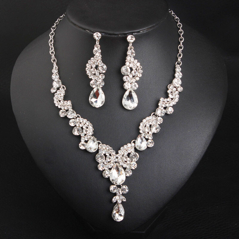 Wedding Bridal Crystal Necklace Earring Jewelry Set Women Evening Party Gifts