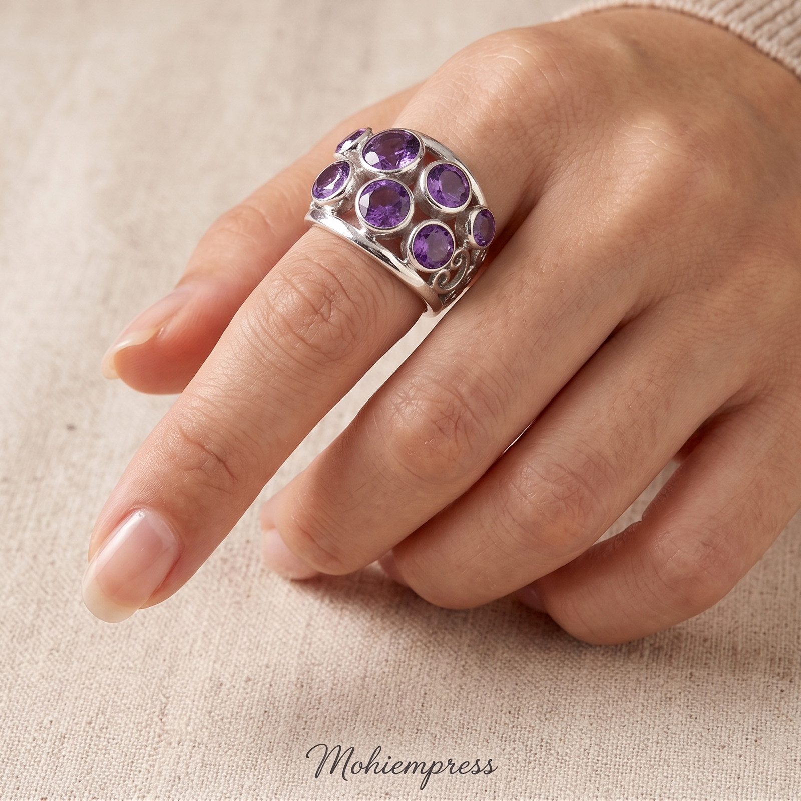 925 Sterling Silver Multi-Stone Natural Amethyst Statement Ring