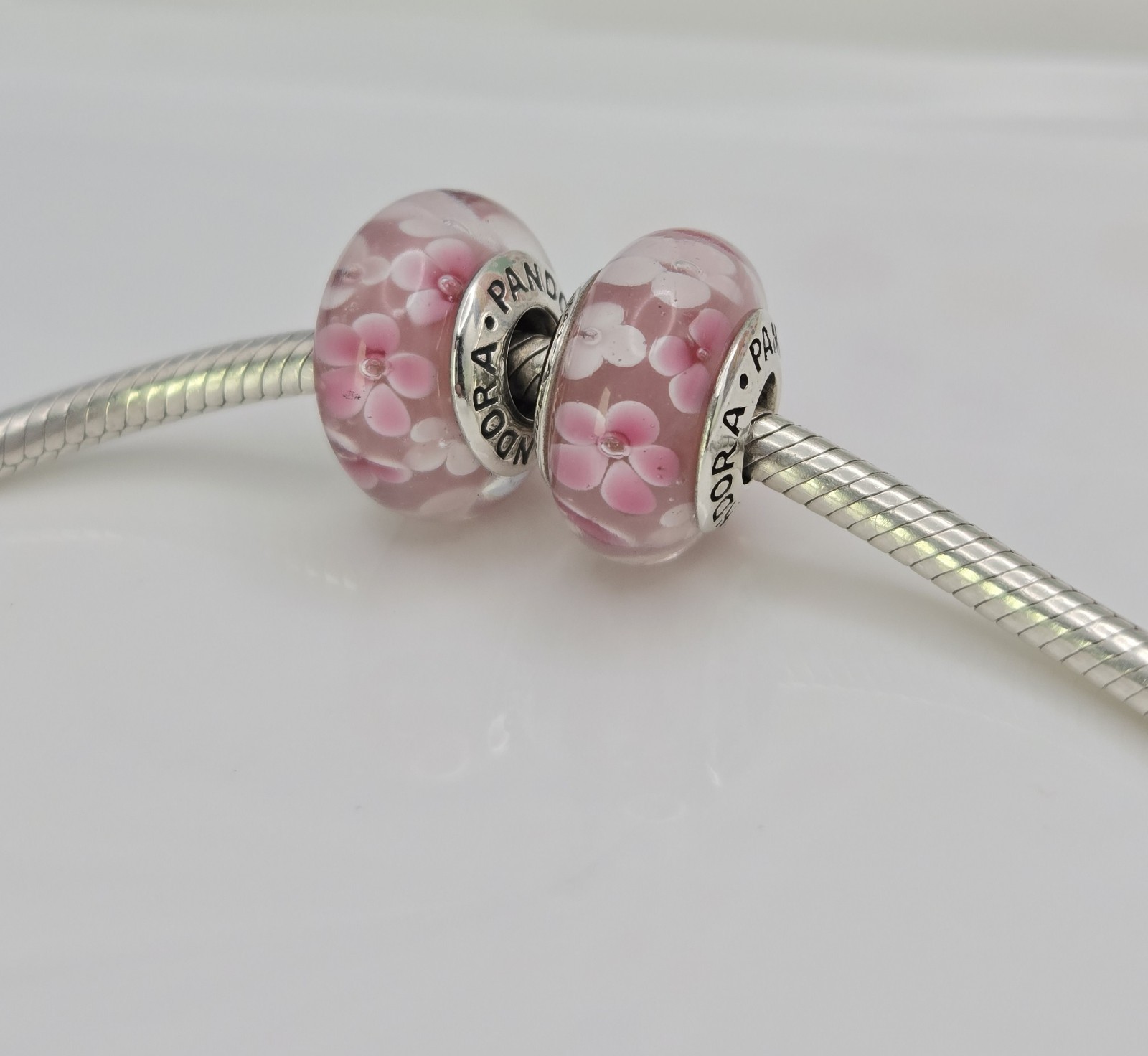 Authentic Pandora Pair of pink flower delicate pink floral Charms Murano Glass