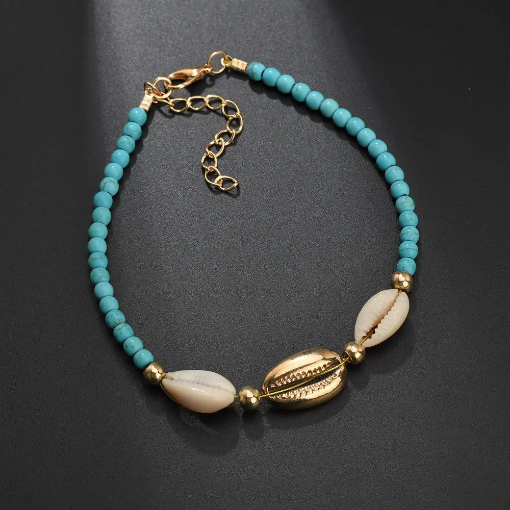 Retro Bohemian style blue beaded mixed shell women’s anklet