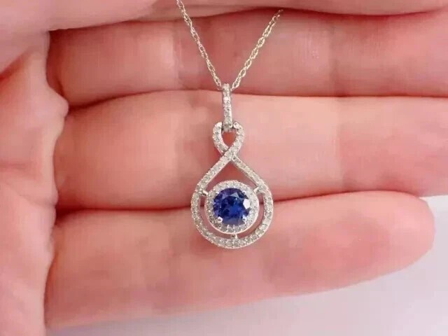Lovely Halo Pendant 2Ct Round Cut Simulated Blue Sapphire 14k White Gold Plated
