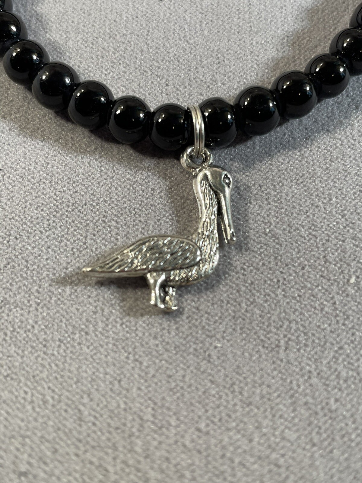 Pelican Silver charm Black Pearl Bracelet Stretch Bead Jewelry Handcrafted NEW
