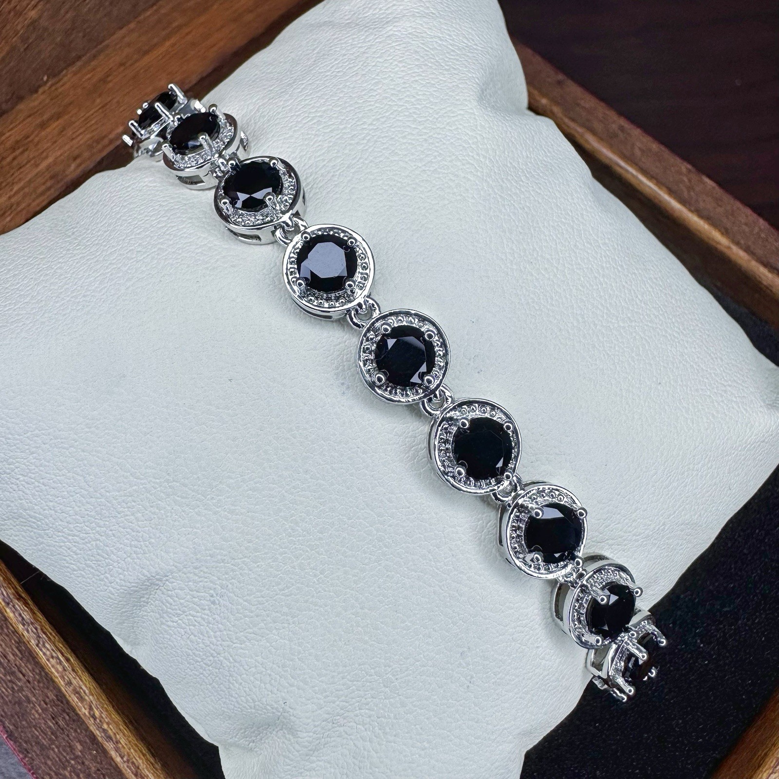 8mm Tennis Bracelet Black CZ 6-8″ Adjustable Silver Tone Round Cut Halo Bracelet
