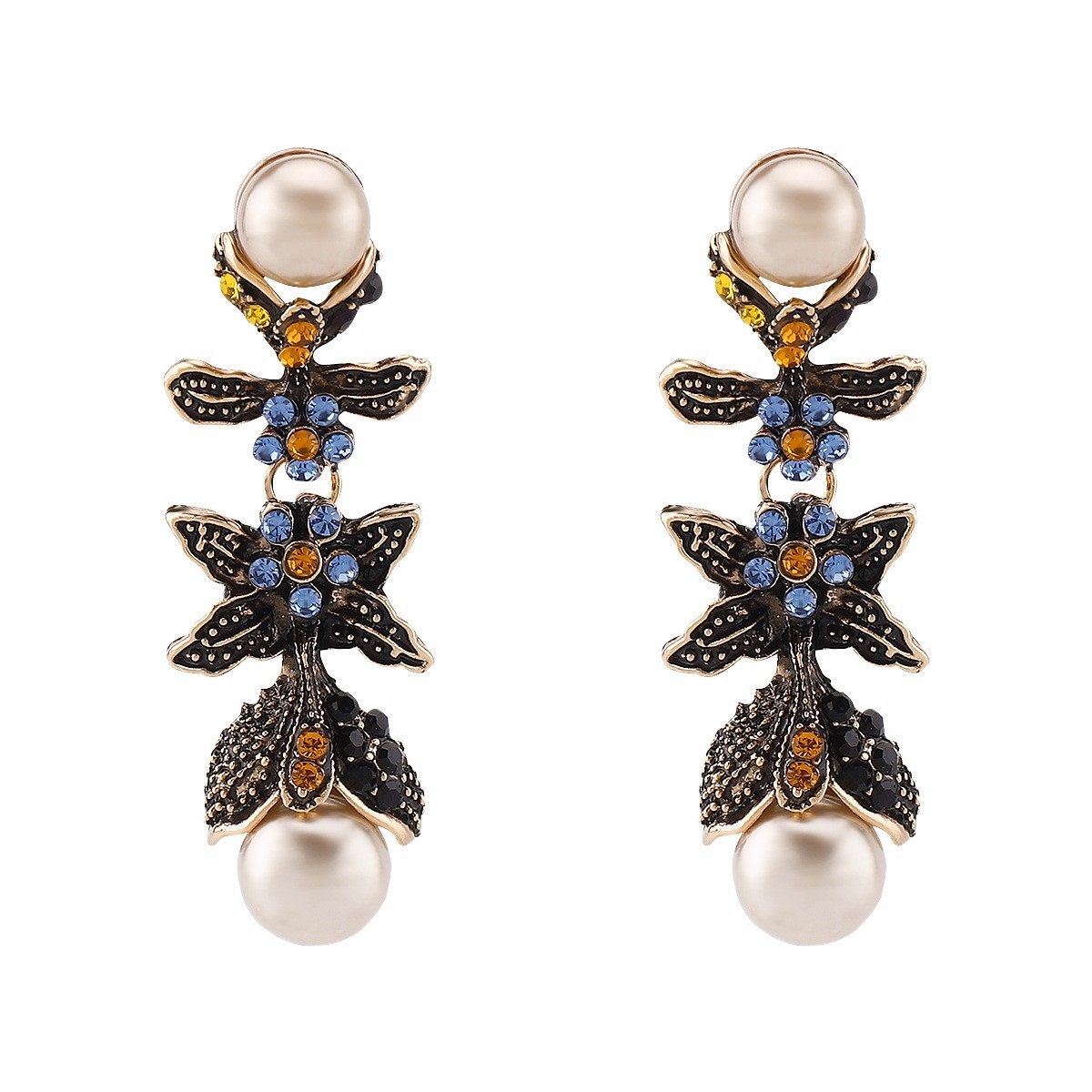 Art Deco Style Earrings Blue Crystal Fish Tail White Faux Pearl Dangles