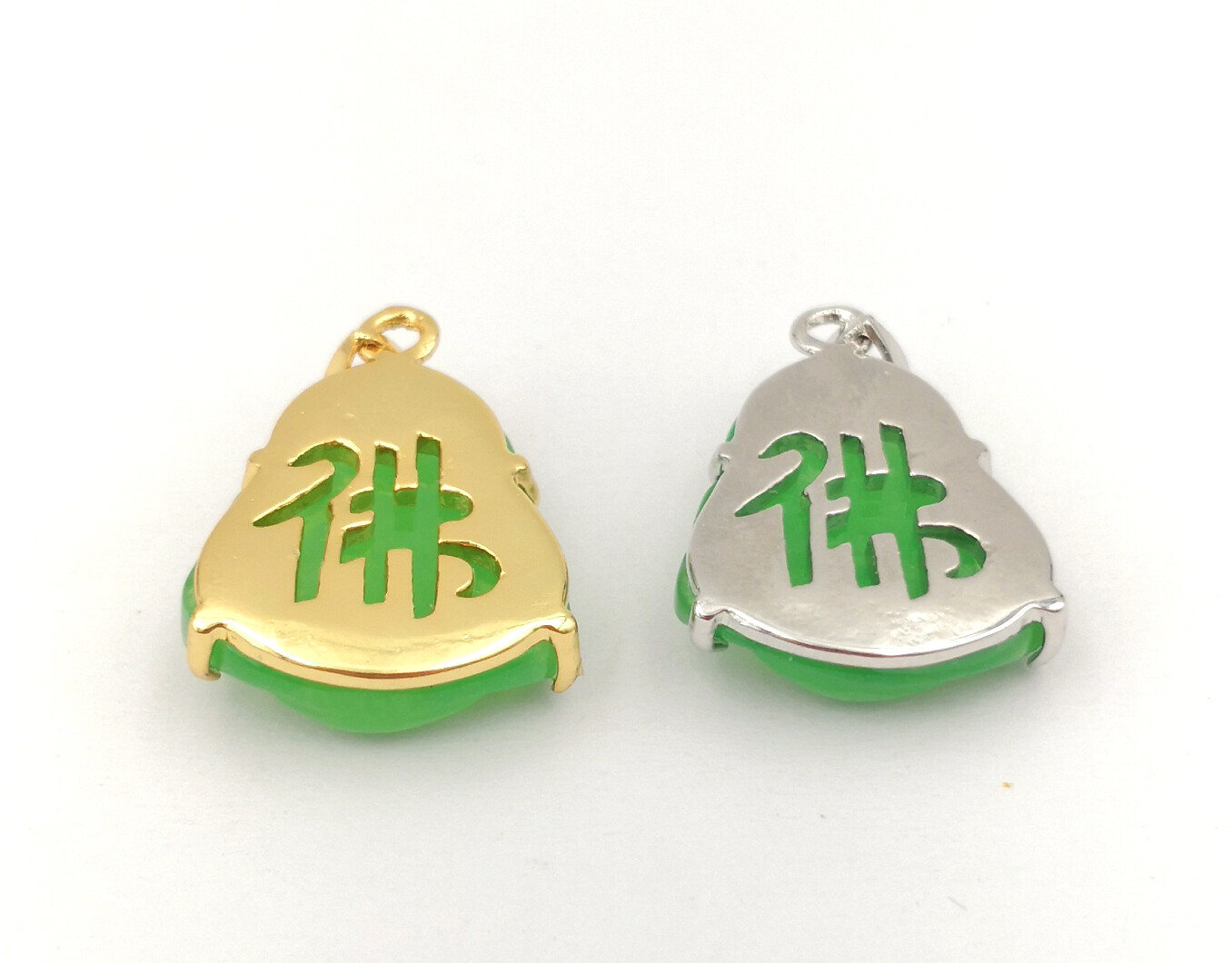 Green Multicolor Jade Laugh Maitreya Buddha 18KGP Lettering Pendant Necklace