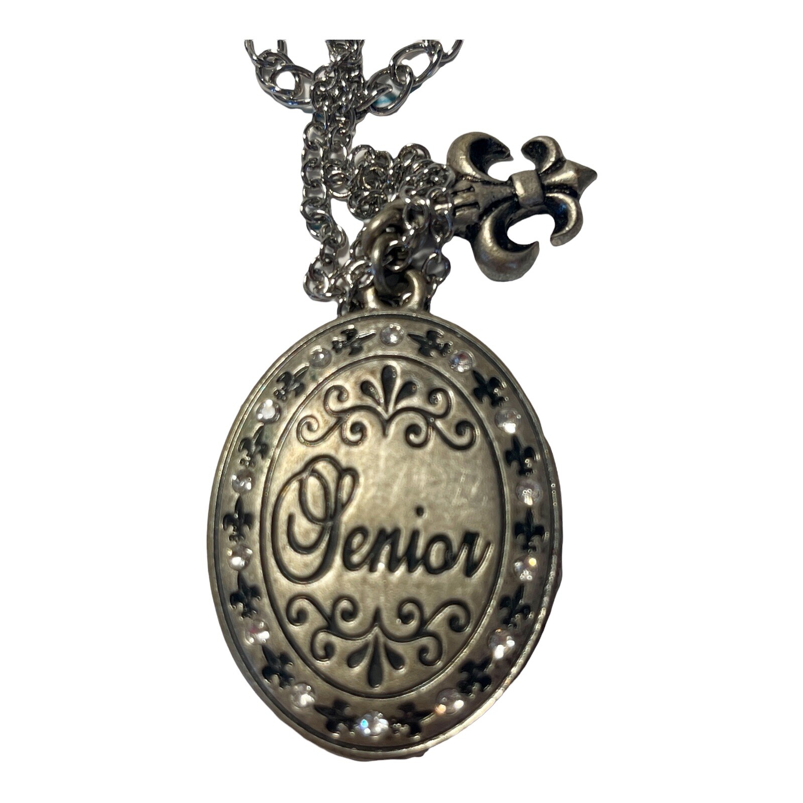 JOSTENS SENIOR Rhinestone Crystal Accents Antiqued Silver Tone Pendant Necklace!