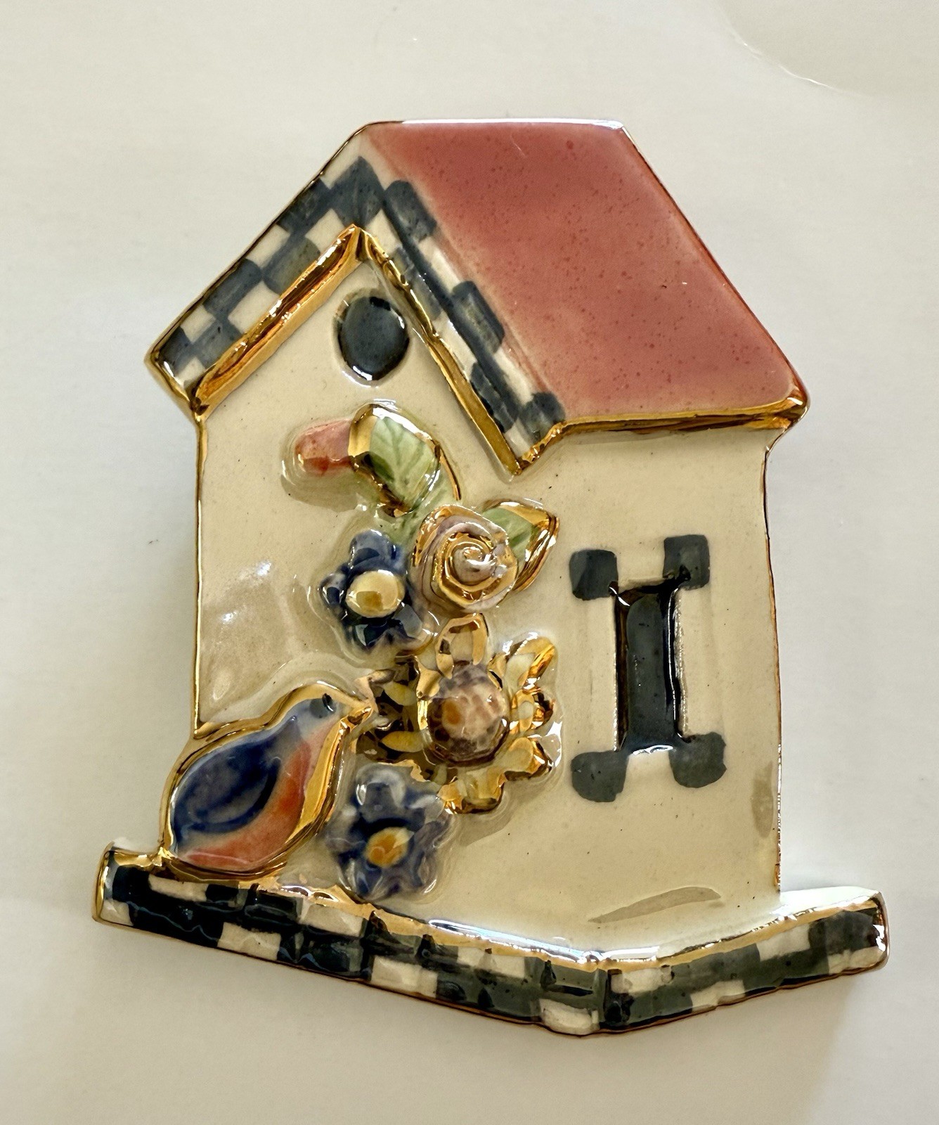Ceramic Enamel Bird House Brooch Pin Gold Embellished 3-D Effects 2.5” X 2”