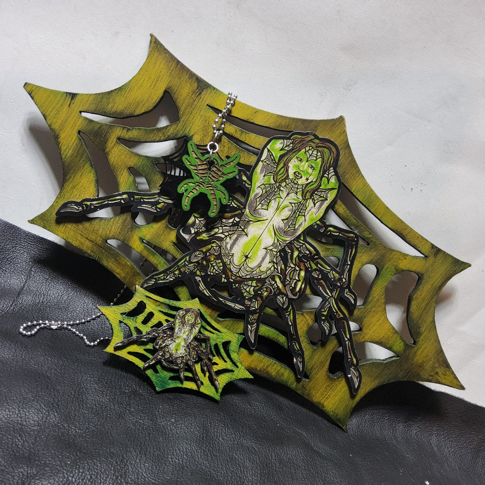 Laser cut arachnid queen magnets spider web necklace set goth scifi pinup art