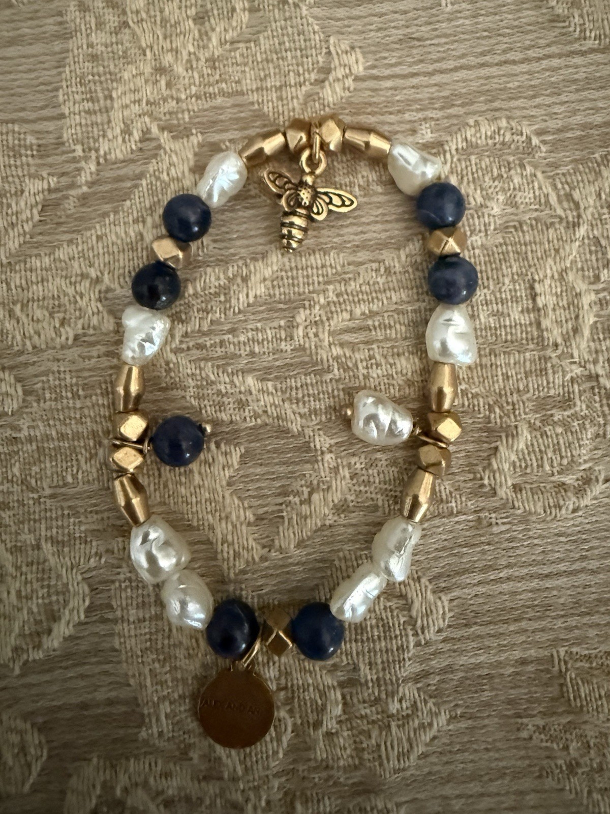 ALEX AND ANI Gold Tone Beaded Bracelet Blue White Round Beads Bee Toggle Signed