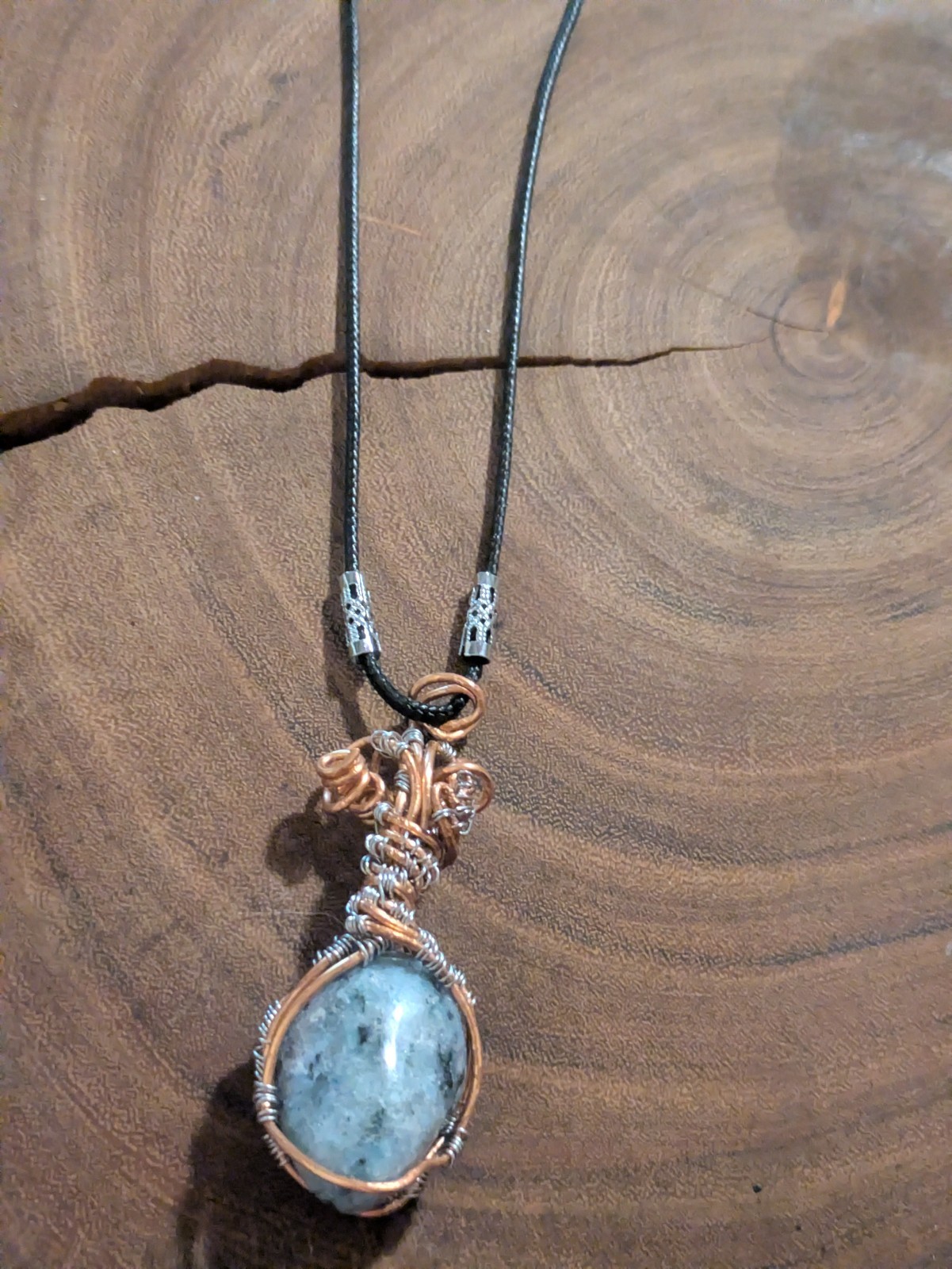 Handcrafted Copper Wire Wrap Oval Gray Stone Pendant Necklace on Black Cord