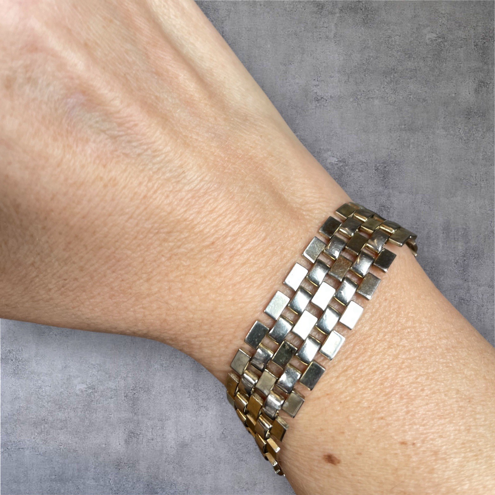 Vintage Two Tone Link Bracelet 7” Heavy 30g Industrial Modernist Clasp