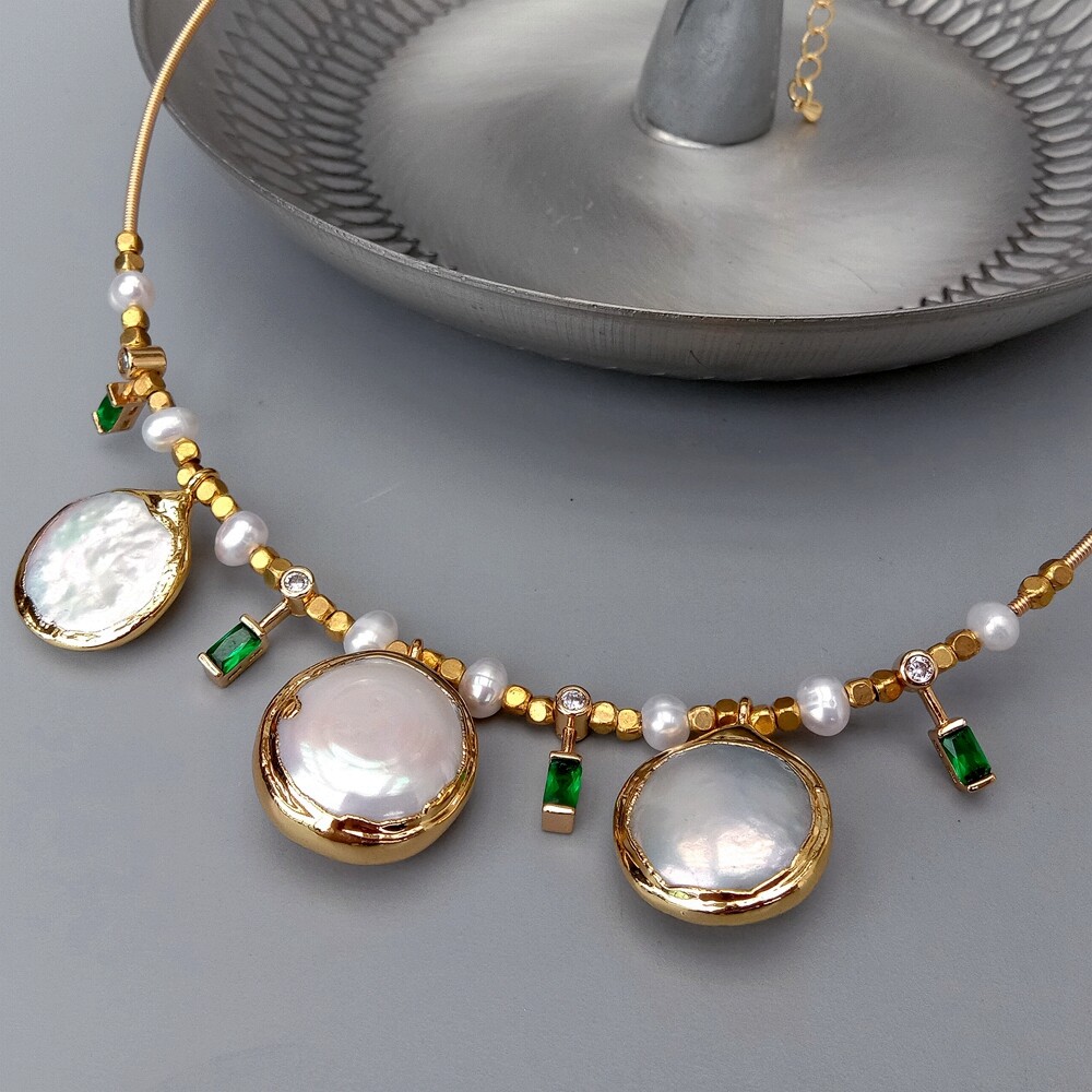 15″ Cultured White Coin Pearl Potato Pearl Cz Pave Choker Charm Necklace