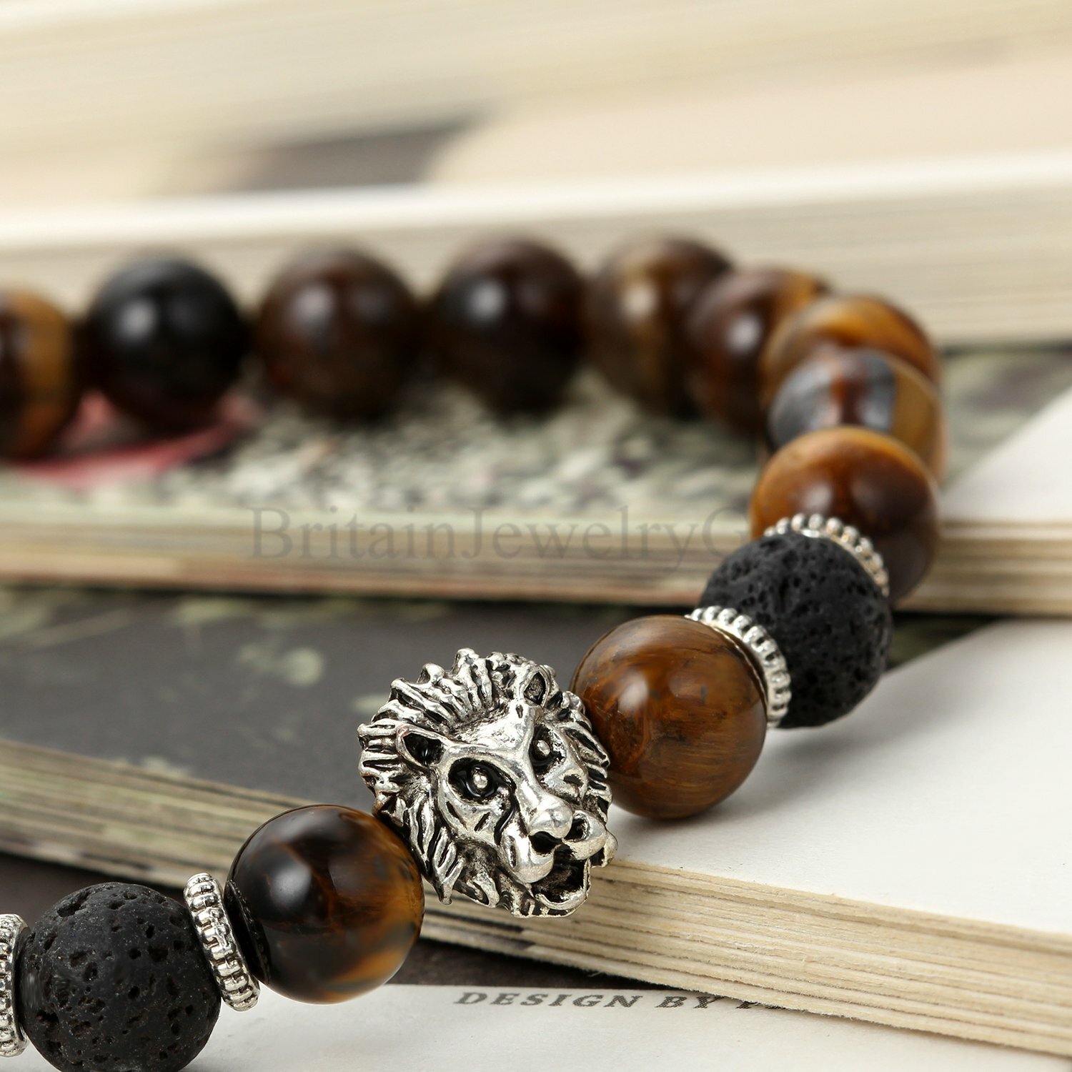 9.1″ Imitation Tiger Eye Stone Silver Tone Lion Head Men’s Bracelet 8MM Beads