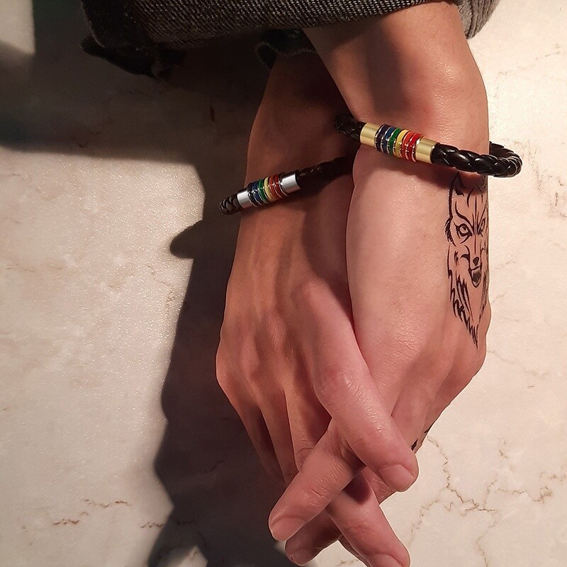 2 Pcs Couple Bracelet Love Leather Braided Magnetic Rainbow Gay LGBT Lover Gift