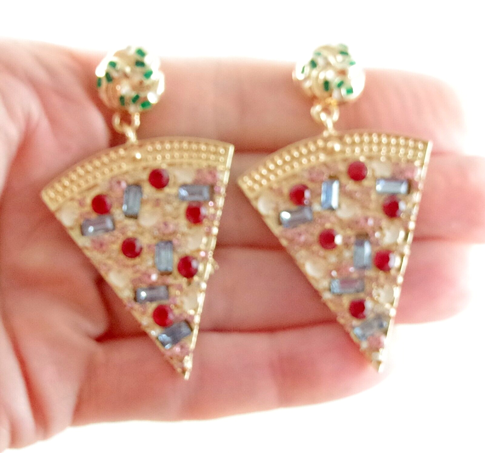 2.25″ BETSEY JOHNSON PIZZA SLICE CRYSTAL RHINESTONE/ ENAMEL DROP DANGLE EARRINGS