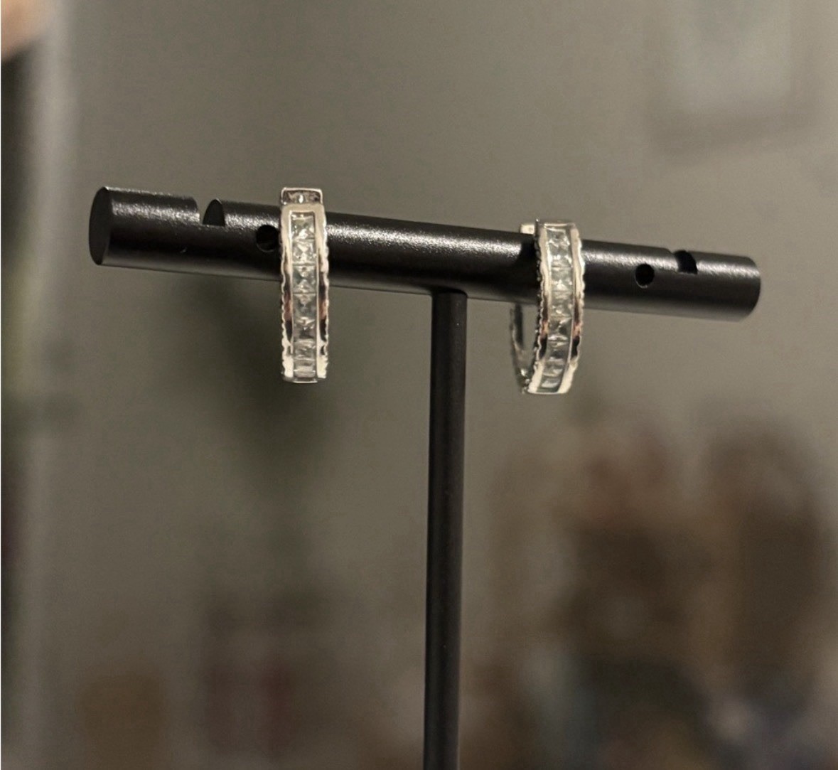 White Gold Plated CZ Huggie Hoop Earrings Princess Cut Channel Set, Minimalist